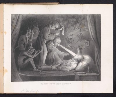 Caricatura en el almanaque estudiantil de Leiden, 1844 Noche antes del examen (título en objeto) de Anonymous