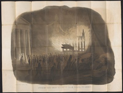 Caricatura en el almanaque estudiantil de Leiden, 1866 Entrada de estudio gratuito en su templo en Leiden (una vista de ensueño) (título sobre el objeto) de Anonymous