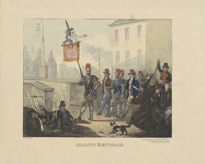 Caricatura de la alianza realizada entre el partido clerical romano y el partido liberal contra el gobierno holandés, 1828 Alianza Electoral (título sobre objeto) de Anonymous