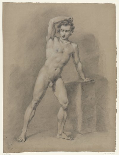 Desnudo masculino de pie apoyado en un bloque, visto de frente de Anonymous
