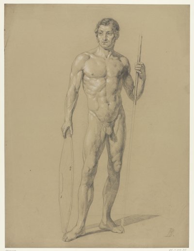 Desnudo masculino de pie con un escudo y una lanza de Anonymous