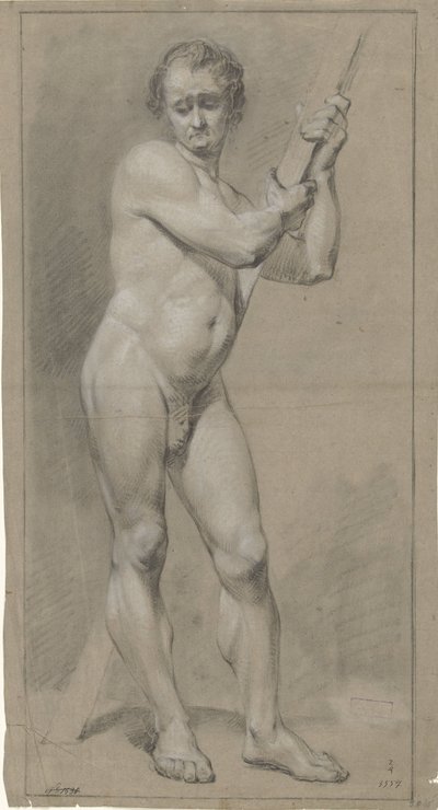 Hombre desnudo de pie, mirando hacia abajo, con las manos en una viga de madera de Anonymous