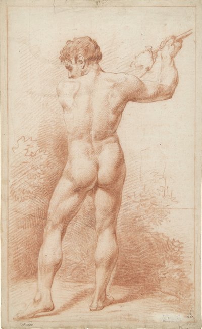 Hombre desnudo de pie, blandiendo un hacha, visto desde atrás de Anonymous