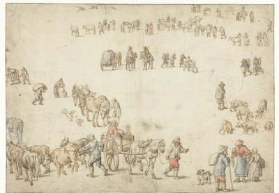 Hoja de estudio con carros de labranza, ganado, campesinos y jinetes de Anonymous