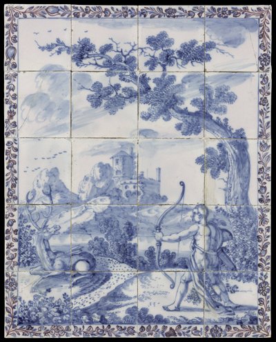 Cuadro de azulejos con paisaje en azul con representación mitológica: Cyparissus se transforma en ciprés de Anonymous