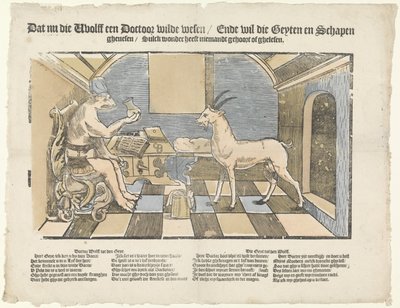 El lobo y la cabra
El lobo y la cabra
Dat nu die wholff een doctoor wilde wesen / Ende wil die geyten en schapen / ghenesen / Sulck wonder heeft niemandt gehoort of ghelesen (título en el objeto) de Anonymous