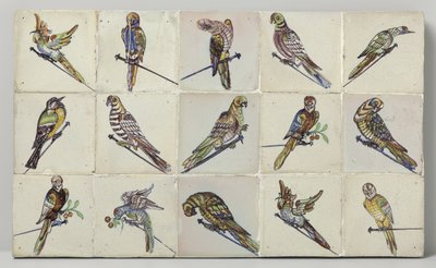 Panel de azulejos con pájaros posados ​​en clavos Campo de quince tejas de Anonymous