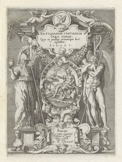 Titelprent conoció a Roma, Minerva en Saturnus Antieke sculptn en Roma (título de la serie) íconos de estatuas antiguas de la ciudad de Roma que se ven en lugares públicos (título de la serie sobre el objeto) de Anonymous