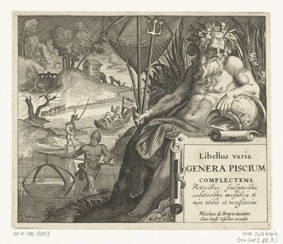Impresión con el título y el dios del río con tridente y red de pesca en un paisaje con pescadores
Libelivs varia Genera piscium complectens (título de la serie)
Peces de agua dulce, peces de mar, ranas, crustáceos y criaturas marinas (título de la serie de Anonymous