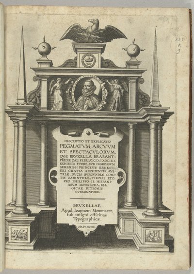 Impresión de título para la descripción de la entrada del archiduque Ernst como gobernador de los Países Bajos en Bruselas, 1594 de Anonymous
