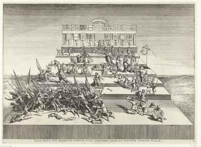 Toneelvoortelling over oorlog en vrede; intocht van Ferdinand te Gent en 1635 (n.º 42) Esos siglos, se dijeron a sí mismos, corren, husos en armonía, estables, perdonados por el dios del destino (título sobre el objeto) Teatro Genethliacon de Carlos V de Anonymous
