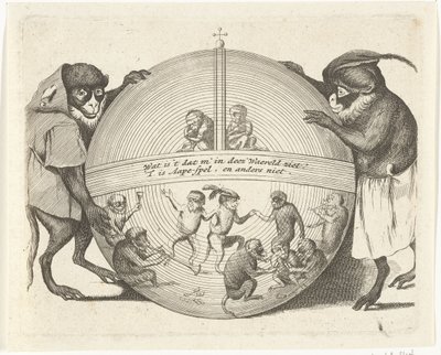 Dos monos sosteniendo un globo Varias empresas de la vida humana presentadas por simios (título de la serie) ¿Qué es lo que me ve en este mundo? / Es un juego de Aape, y no de otro modo (título de la serie en el objeto) de Anonymous