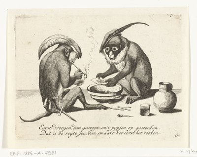 Dos monos fumando en pipa Varias empresas de la vida humana presentadas por simios (título de la serie) ¿Qué es lo que me ve en este mundo? / Es un juego de Aape, y no de otro modo (título de la serie) de Anonymous