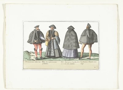 Dos hombres y dos mujeres vestidos según la moda en Amberes y Brabante, hacia 1580 Costumes civils des Pays-Bas (título sobre el objeto) de Anonymous