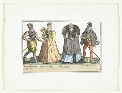 Dos hombres y dos mujeres vestidos según la moda holandesa, hacia 1580 Costumes civils des Pays-Bas (título sobre el objeto) de Anonymous