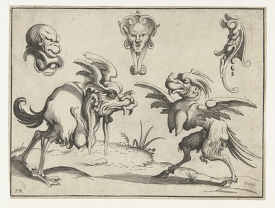 Dos monstruos con tres máscaras encima de ellos. Figuras grotescas rodeadas por una línea de encuadre (título de la serie) de Anonymous