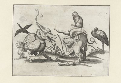 Dos monstruos con gato, ganso y cigüeña. Figuras grotescas rodeadas por una línea de encuadre (título de la serie) de Anonymous