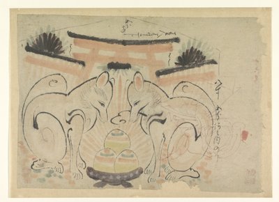 Dos zorros en un templo japonés de Anonymous