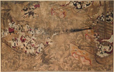Dos barcos holandeses desarmados bajo el ataque de tres barcos chinos armados con cañones De una serie de pinturas sobre los milagros realizados por Mazu (título de la serie) de Anonymous