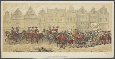 Utrecht Masquerade, placa b: batalla en tierra y en el mar, 1856 Batalla en tierra y mar (título sobre objeto) Los Fundadores de la Libertad Holandesa, (época de Guillermo I) presentados por S.H. miembros del cuerpo estudiantil de Utrecht, en celebración d de Anonymous
