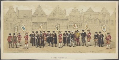Mascarada de Utrecht, lámina c: Estadistas, 1856 Los estadistas (título sobre objeto) Los Fundadores de la Libertad Holandesa, (época de Guillermo I) presentados por S.H. miembros del cuerpo de estudiantes de Utrecht, en celebración del 220 aniversario de  de Anonymous
