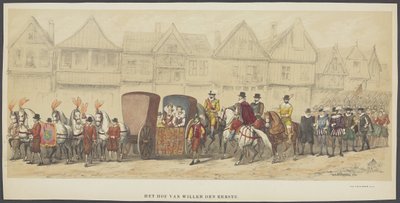 Mascarada de Utrecht, placa e: la corte, 1856 La corte de Guillermo I (título sobre el objeto) Los Fundadores de la Libertad Holandesa, (época de Guillermo I) presentados por S.H. miembros del cuerpo estudiantil de Utrecht, en celebración del 220 aniversar de Anonymous