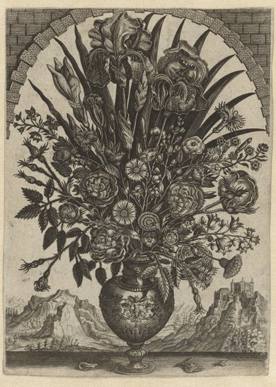 Jarrón de flores en una ventana arqueada de Anonymous