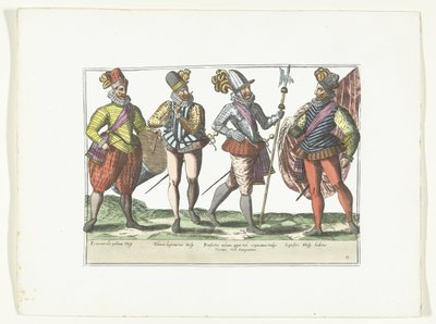 Cuatro soldados españoles en uniforme, c.1580 Trajes militares españoles (título sobre objeto) de Anonymous