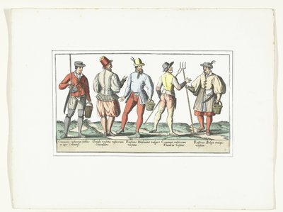 Cuatro campesinos vestidos a la moda actual y uno a la antigua, hacia 1580 Modes Rusticiques (título sobre objeto) de Anonymous