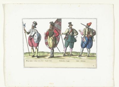 Cuatro soldados con uniformes según la moda en los Países Bajos e Inglaterra, hacia 1580 Costumes Militaires des Pays-Bas (título sobre el objeto) de Anonymous