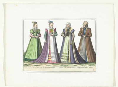 Cuatro mujeres vestidas a la moda alemana en Augsburgo, hacia 1580 Vestuario Allemands (título sobre objeto) de Anonymous