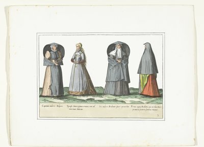 Cuatro mujeres vestidas a la moda en Amberes, Brabante y 