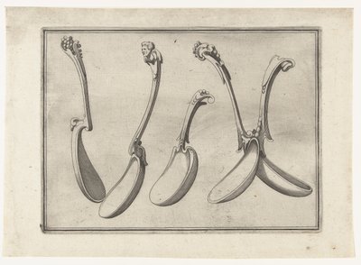 cinco cucharas Máscaras, aldabas, manijas y cucharas rodeadas por una doble línea de encuadre (título de la serie) de Anonymous