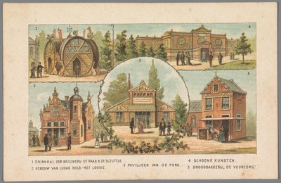 Cinco pabellones en la Feria Mundial de Ámsterdam, 1883
1 Sala de bebidas de la cervecería De Haan & De Keys. 2 Edificio de Lucas Bols - Het Loosie. 3 Pabellón de la prensa. 4 Bellas Artes. 5 Panadería De Voorzorg. (título en el objeto)
Memoria aa de Anonymous