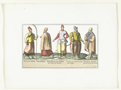 Cinco marineros vestidos a la moda de los Países Bajos y Bretaña, hacia 1580 Trajes marins (título sobre objeto) de Anonymous