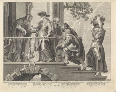 Visitación María se levantó y fue de prisa a la montaña a la ciudad de Judá, y entró en la casa de Zacarías y saludó a Isabel (título sobre el objeto) Royal Bijbel (título de la serie) de Anonymous