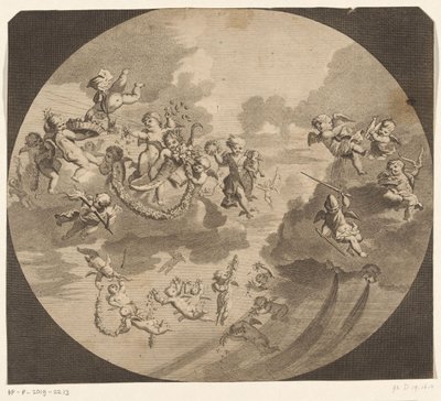 Putti volador con guirnaldas de flores de Anonymous