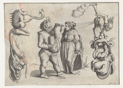Mujer y monstruo masculino con jarra y taza. Figuras grotescas rodeadas por una línea de encuadre (título de la serie) de Anonymous