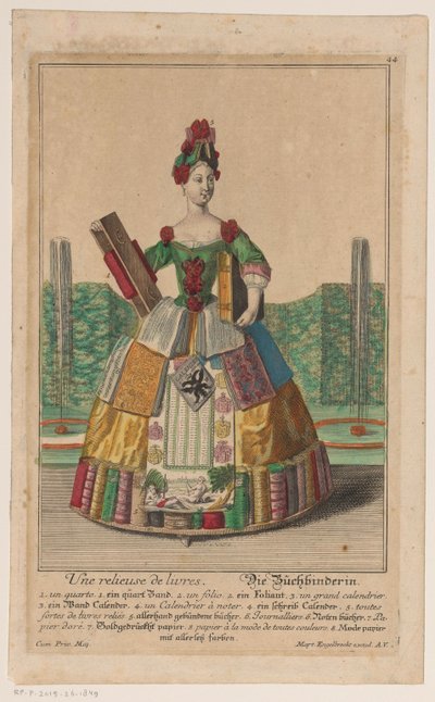 Mujer con disfraz de libros Relieur de livres / Der Buchbinder (título sobre objeto) de Anonymous