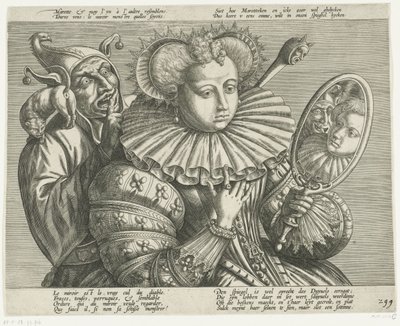 Mujer con espejo y bufón: caricatura sobre la preciosa gorguera rígida, hacia 1600 de Anonymous