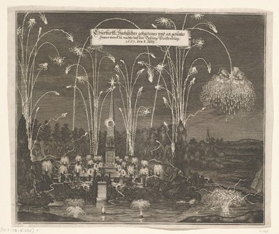Fuegos artificiales en Pleißenburg, 8 de julio de 1667 Churfürstl: Sachsisches gehaltenes und an gezentes Fewer werck zu nachts beij la fortaleza Pleissenburg, 1667, 8 de julio (título sobre el objeto) de Anonymous