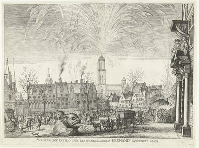 Vuurwerk; intocht van Ferdinand te Gent en 1635 (n.º 41) Levántate, que miras el fuego ardiente en el cielo que enciende el amor de Fernandi (título sobre objeto) Una imagen de los fuegos nocturnos en el Hipódromo y la torre. de Anonymous
