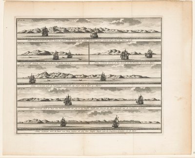 Seis vistas de islas Así muestra la costa de Nueva Guinea entre Cabo Santo María y Anthony Caens Eylandt como tú allí langhs Zeylt / Así muestra Anthony Caens Eylant cuando el Norte es tuyo / Así Gerrit de Nys muestra a Eylandt como el N de Anonymous