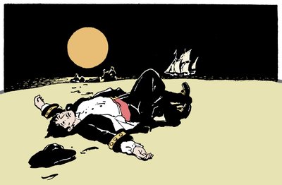 Un capitán asesinado por piratas es abandonado en una isla, el barco pirata se aleja en el horizonte. Ilustración de 