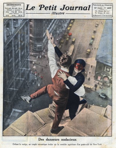 Una pareja de bailarines extremos, evolucionan en el borde de un rascacielos en Nueva York. Ilustración tomada de 