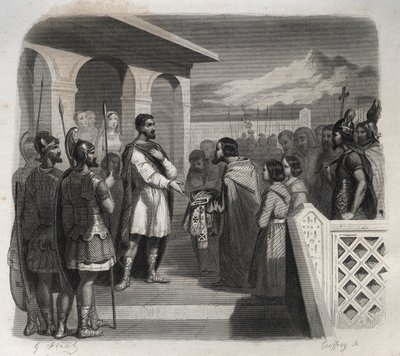 Una delegación de la ciudad de Clermont ofrece el episcopado a San Sidoine Apollinar (Caius Sollius Apollinaris Sidonius) político, obispo y escritor galo-romano (430-486). Grabado de 1846 en “Vidas de los santos”. Colección privada de Anonymous Anonymous