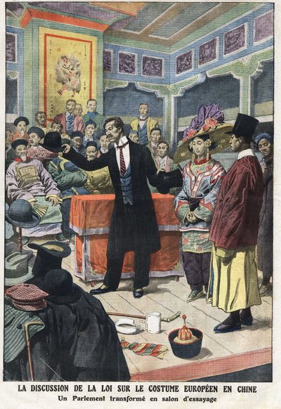 Una sesión de discusión en el parlamento chino sobre la nueva ley de vestimenta europea en China, uno de los parlamentarios presenta un traje occidental, con sombreros de copa y bombín. Ilustración tomada de "Le Petit Journal" 15/09/1912. Colección privada de Anonymous Anonymous