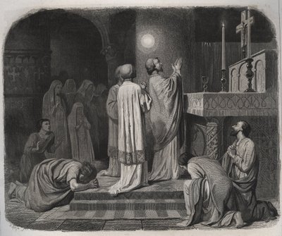 Un globo de fuego aparece sobre SAN MARTÍN obispo de Tours (316-397) mientras trabaja. Grabado de 1846 en “Vidas de los santos”. Colección privada de Anonymous Anonymous