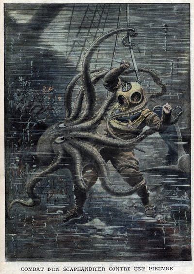 Un enorme pulpo casi logra vencer al buzo americano Martin Lund - Un Pulpo Gigante Ataca al Buzo Americano Martin Lund - Batalla de un Escafandrista Contra un Pulpo - "Le Petit Journal" de Anonymous Anonymous