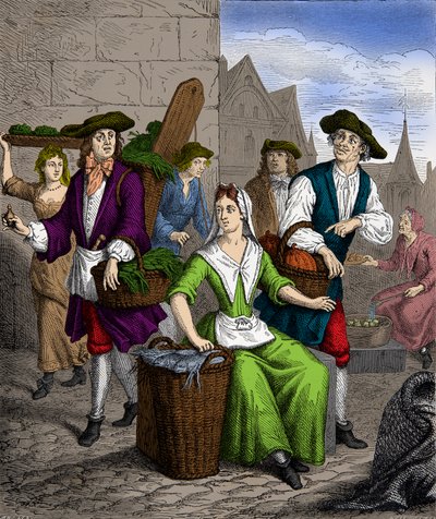 Una dama de la Halle durante el reinado del rey Luis XVI (Grabado, colección privada) de Anonymous Anonymous
